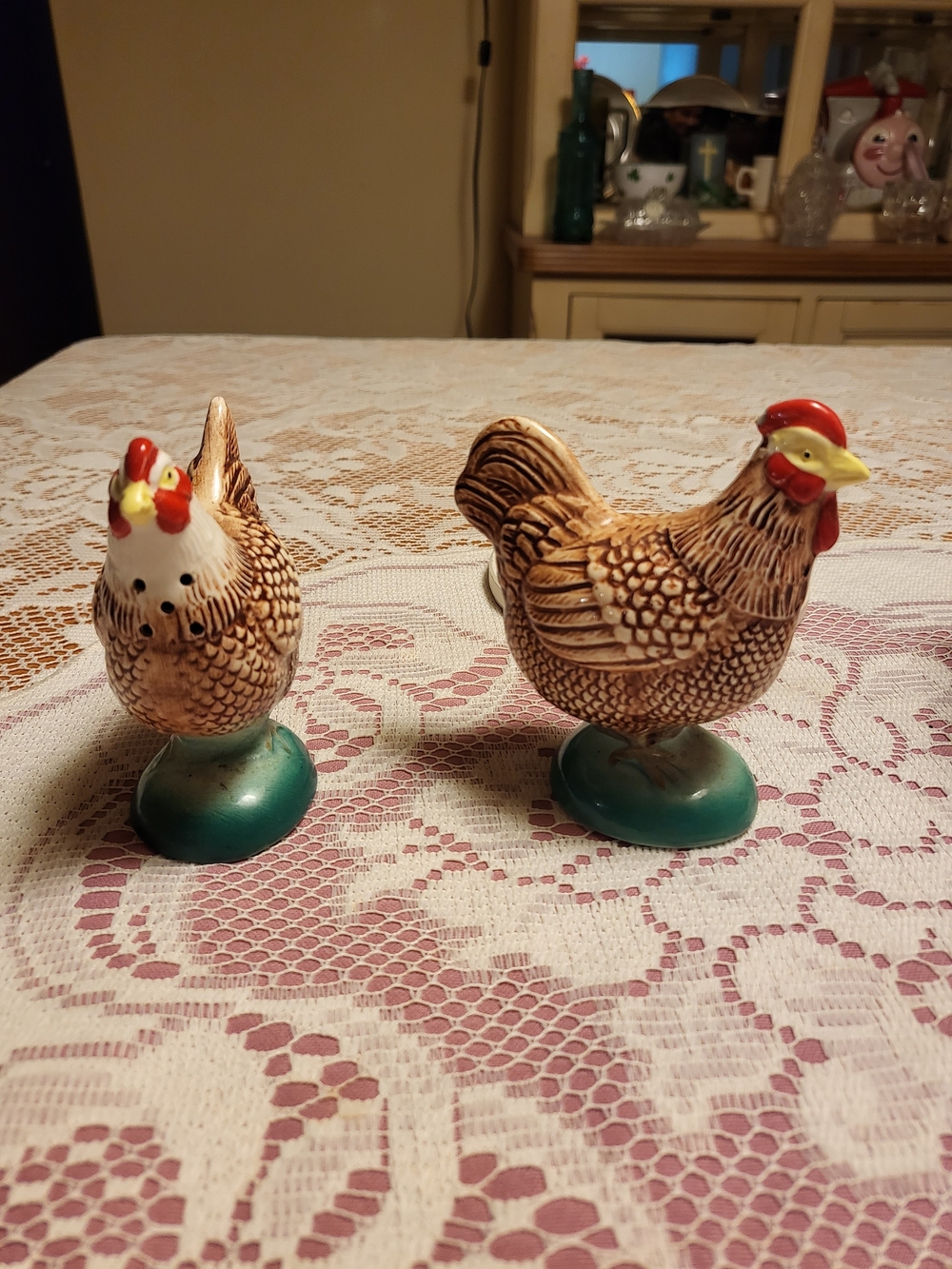 Ceramic Hen Salt and Pepper Shakers - Brown with Red & Yellow Accents